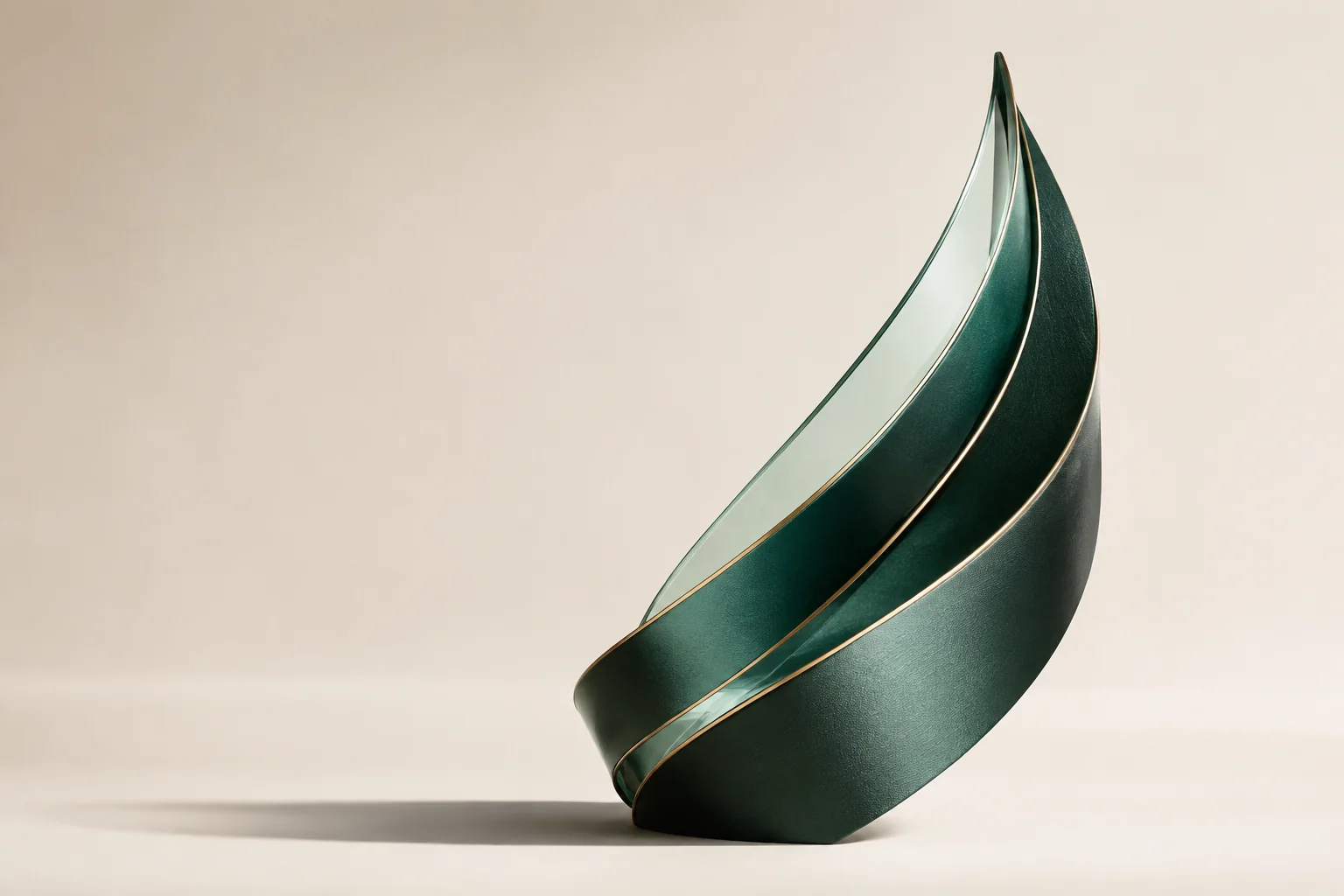A sculptural emerald leaf formed from three rising ribbons